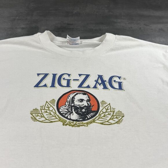 Vintage 90s Zig Zag Shirt Adult L White‎ Single Stitch Rolling Papers Weed Thin